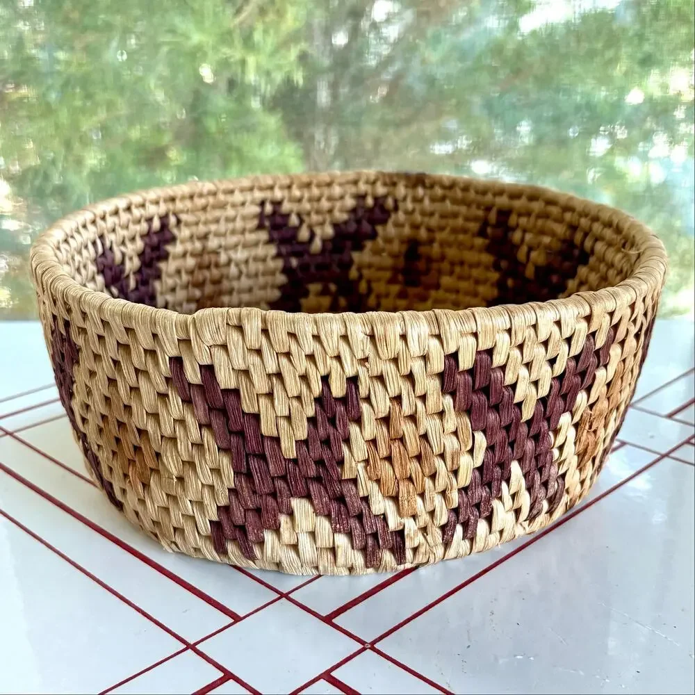 Vintage Woven Basket Bowl Natural Fiber Geometric Pattern 10 Inch